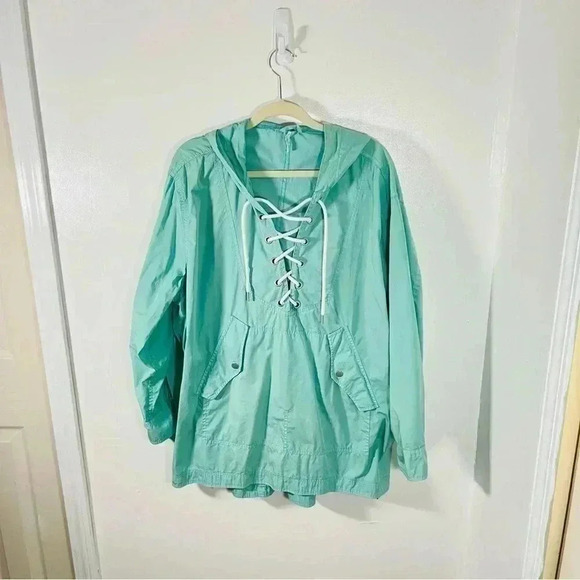 Free People Poplin Lace Pullover Jacket Sky Teal Rain Anorak Boho Outerwear - Picture 2 of 9